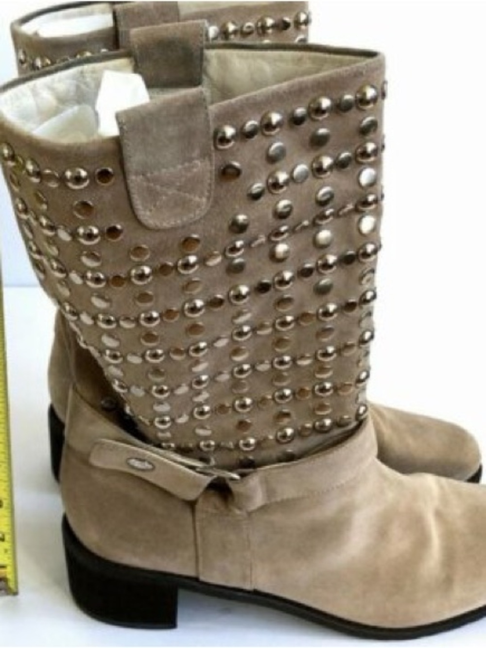 STUART WEITZMAN silver Studded Suede Mid-Calf Boots - Taupe